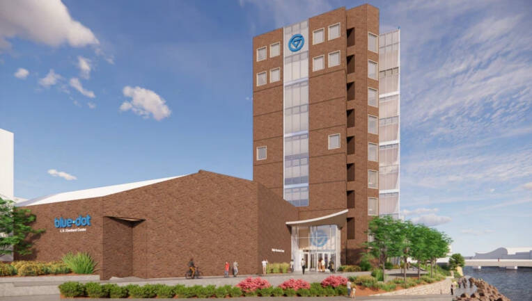 rendering of GVSU's blue dot building